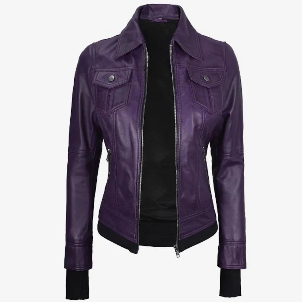 Women’s Purple Lambskin Leather Biker Jacket