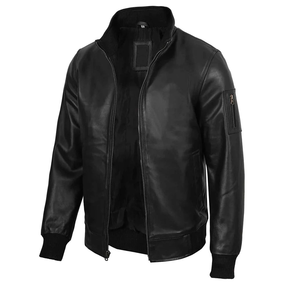 Men's Black Real Cowhide Leather Bomber Jacket