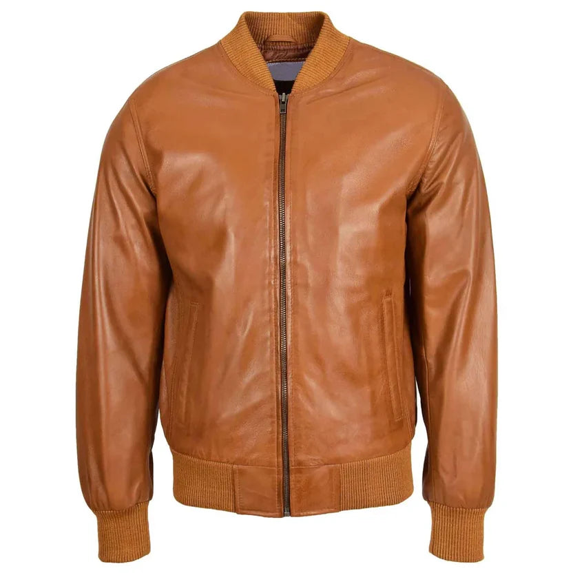 Men's Tan Leather Classic Bomber Jacket