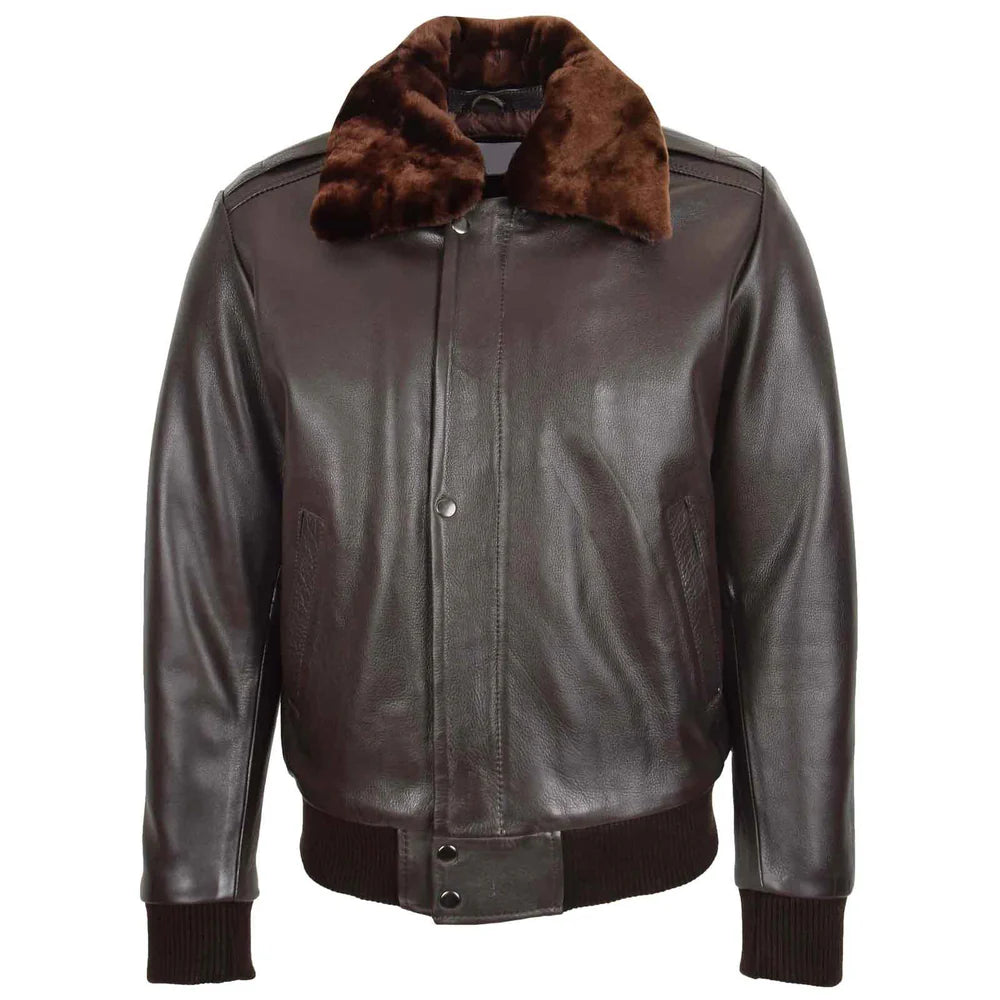 Men’s Leather Bomber Pilot Jacket with Removable Collar