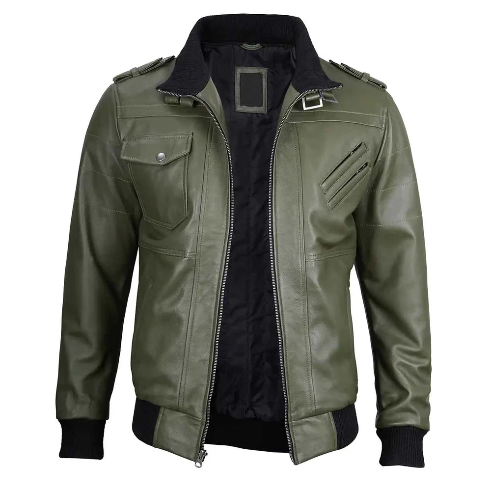 Men's Military Green Leather Jacket with Removable Hood