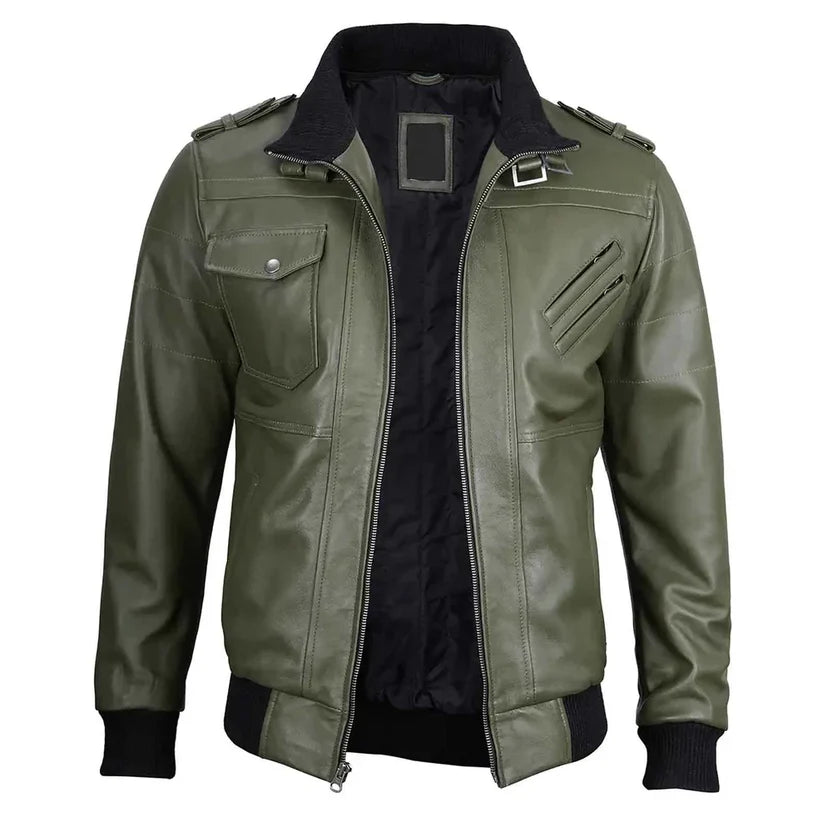 Men's Olive Green Leather Military Jacket