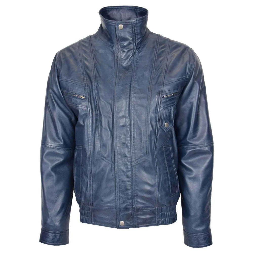 Men’s Leather Bomber Blouson Jacket – Robert Blue