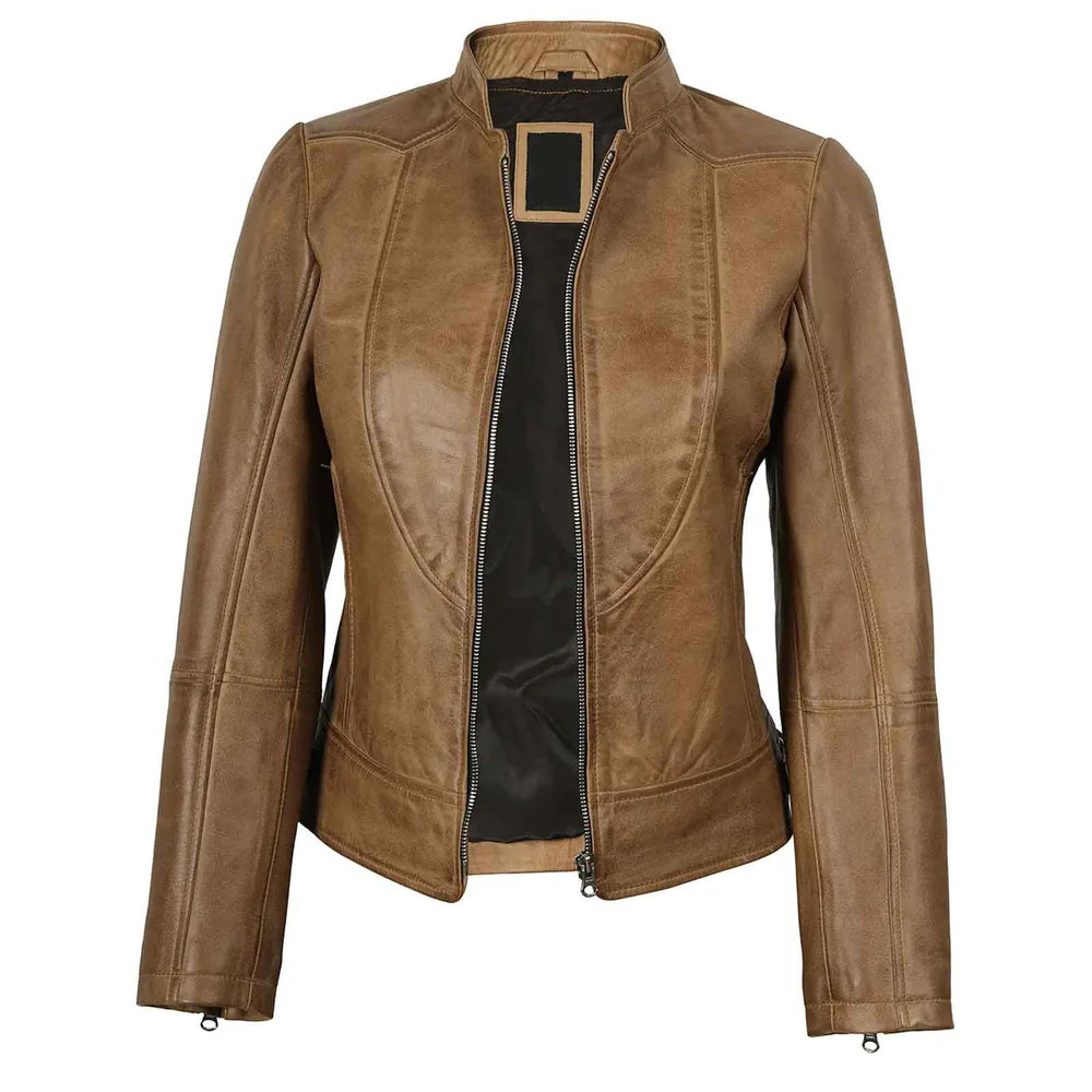 Women’s Camel Brown Leather Biker Jacket