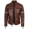 Biker Men's Cognac Brown Leather Racer Jacket