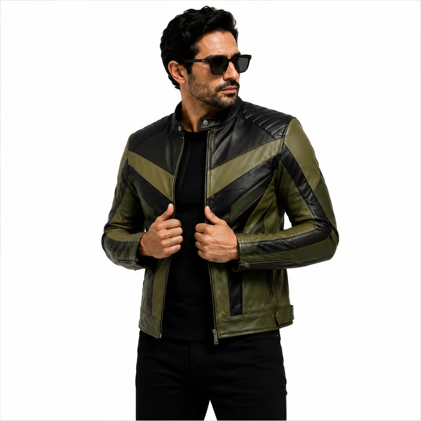 green leather panels on chest of black motorcycle racer jacket