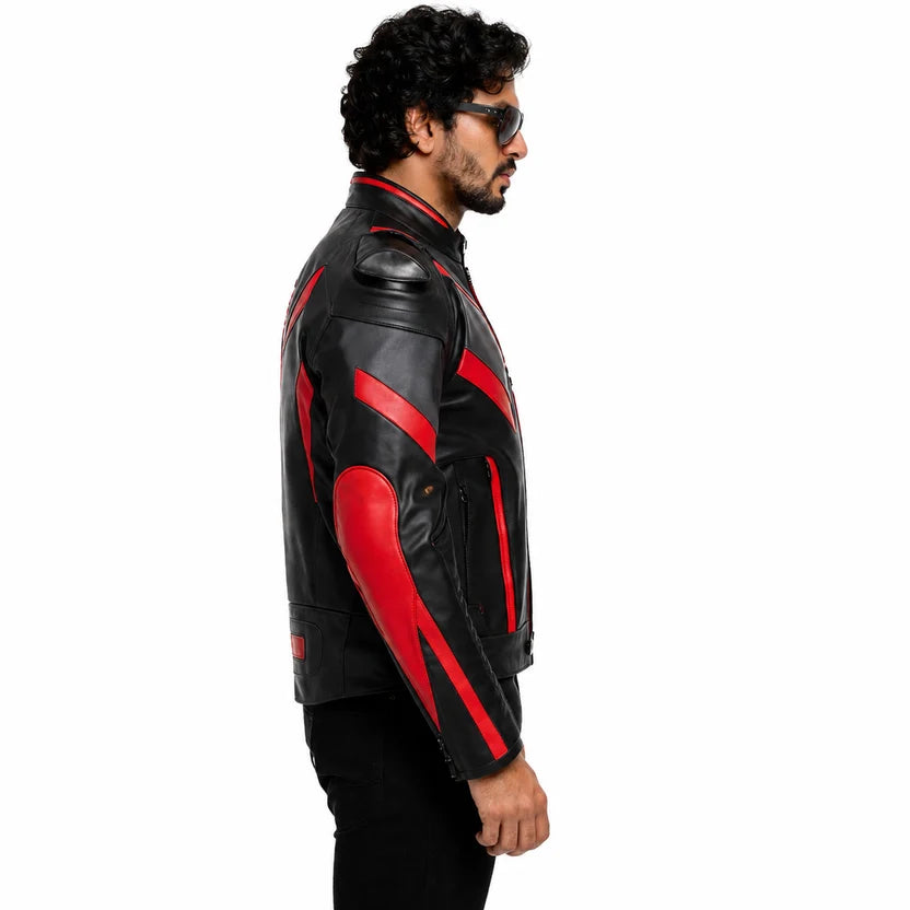 Men's Black and Red Racer Leather Jacket with Geometric Panels and RACER Logo
