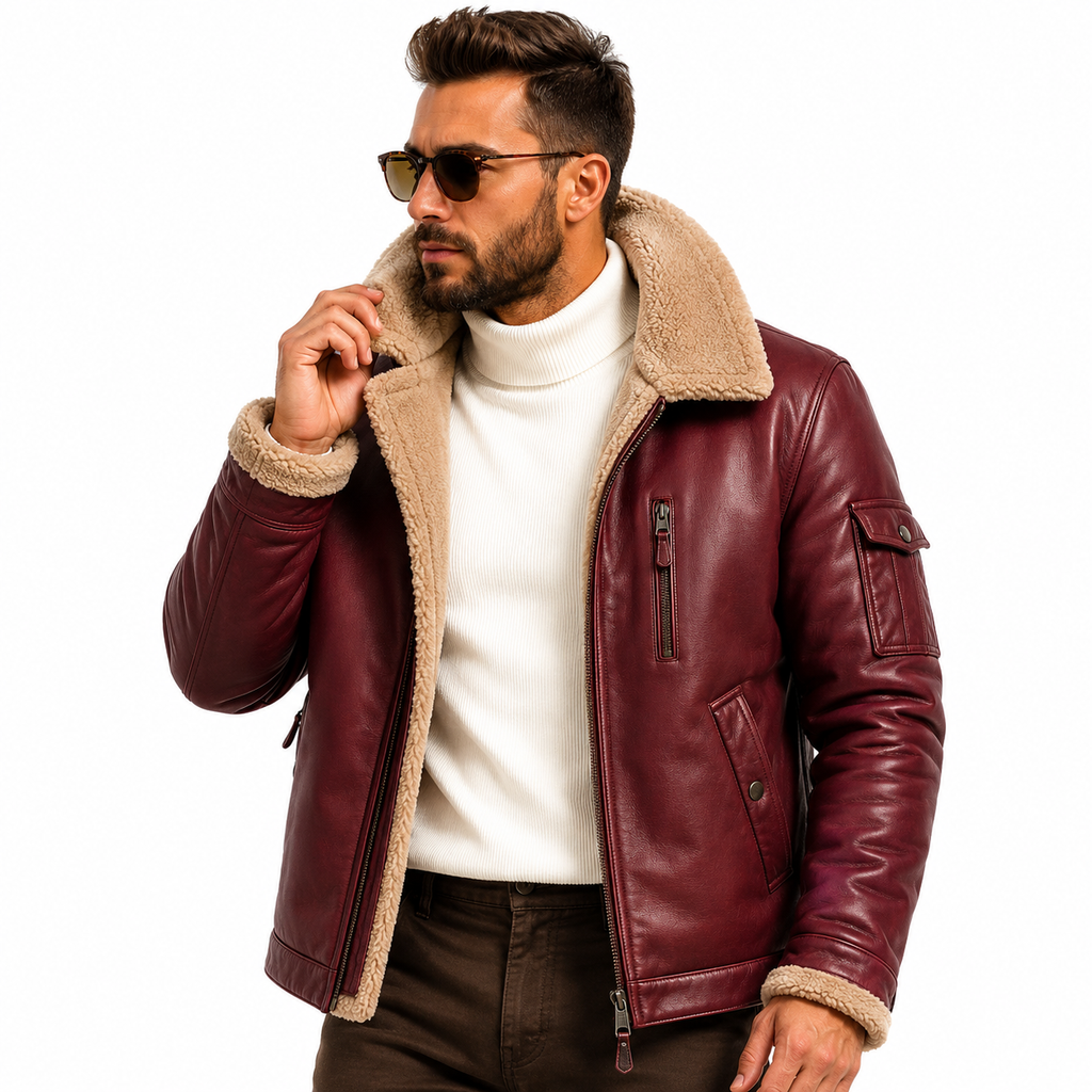 Men's Oxblood Red / Burgundy Leather Aviator Jacket