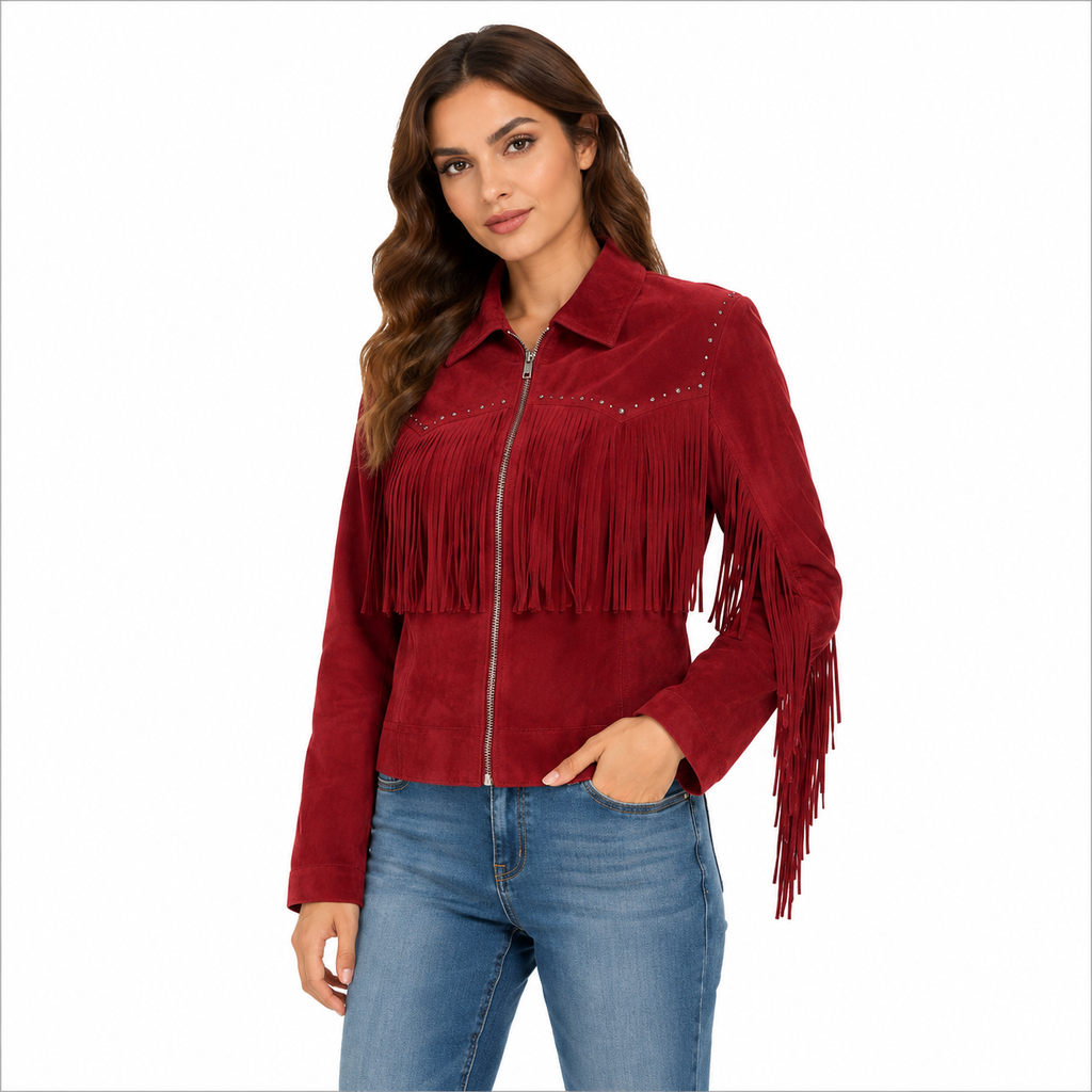 Women's Red Faux Suede Fringe Zip-Up Jacket