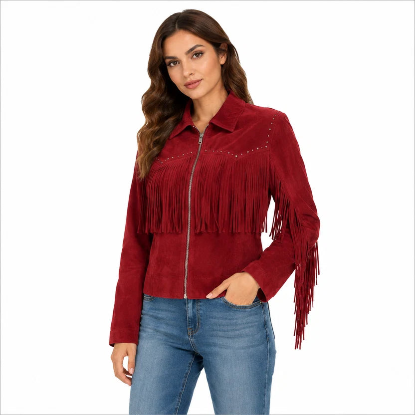 Burgundy Red Suede Fringe Jacket Western