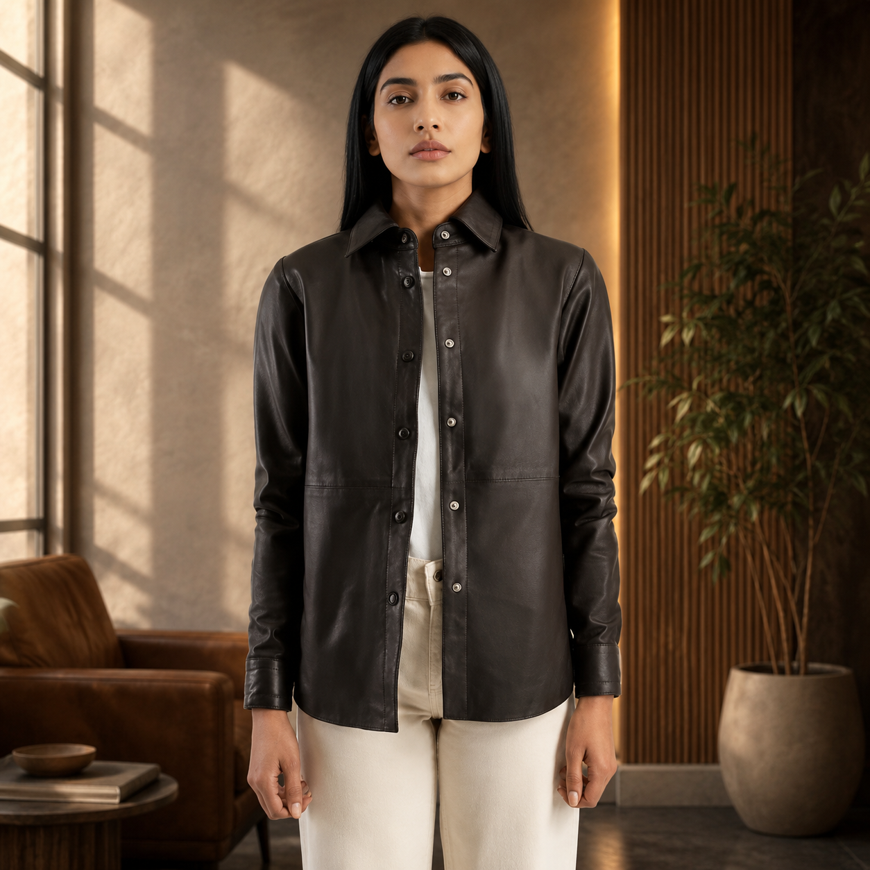 Zenith Brown Leather Shirt Jacket