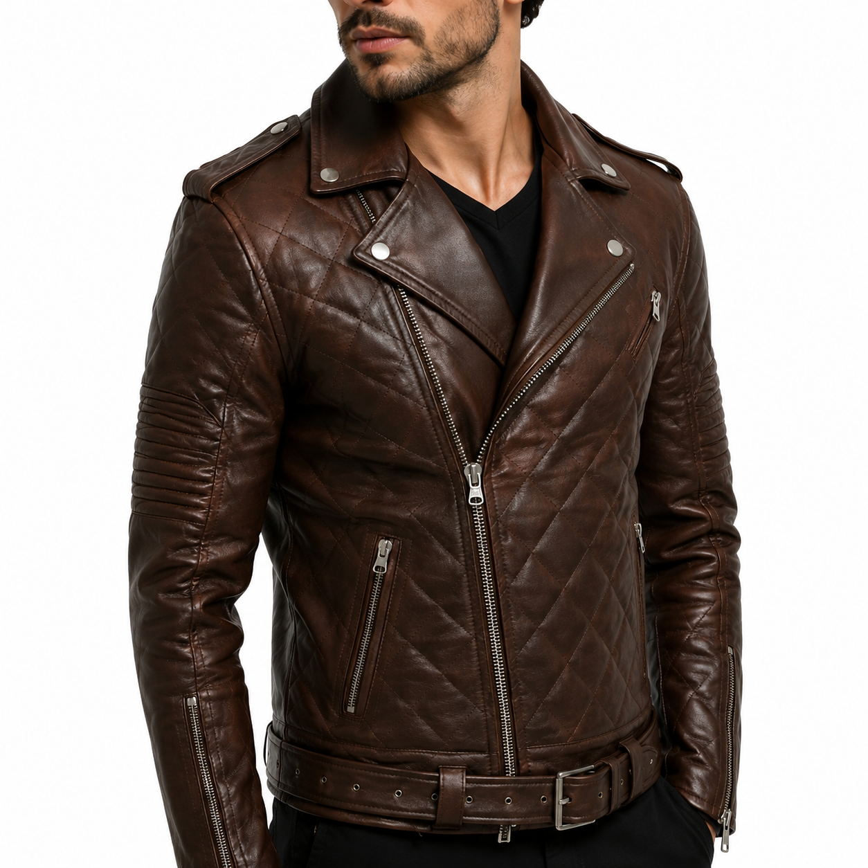 Men's Quilted Biker Brown Leather Jacket