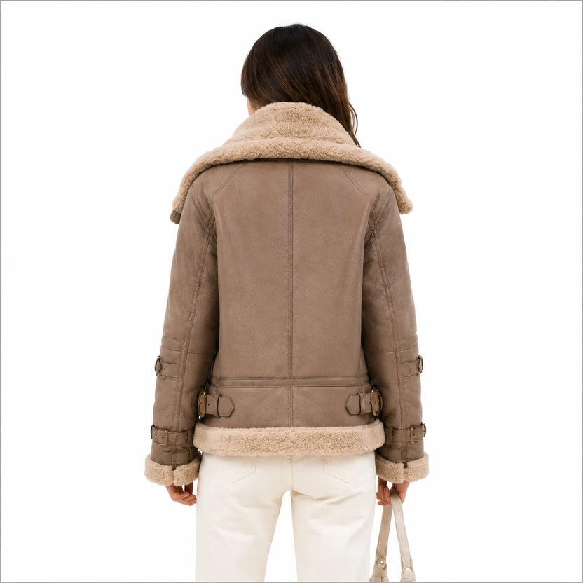 women's taupe brown shearling leather jacket