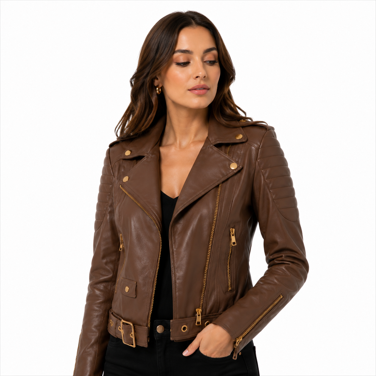 Brown Quilted Shoulder Motorcycle Jacket