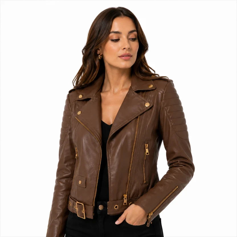 Women's Pink Genuine Leather Biker Jacket