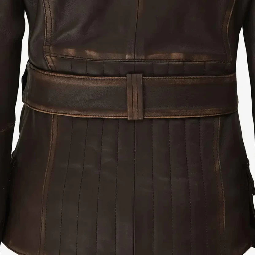 Women's Brown Genuine Leather Belted Biker Jacket