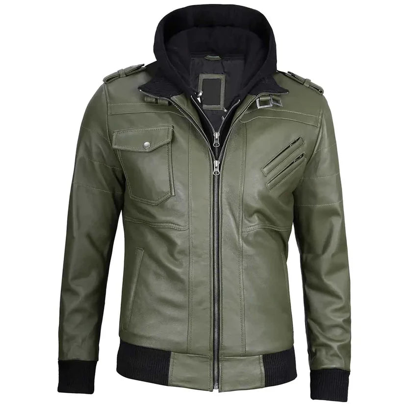 Men's Olive Green Leather Military Jacket