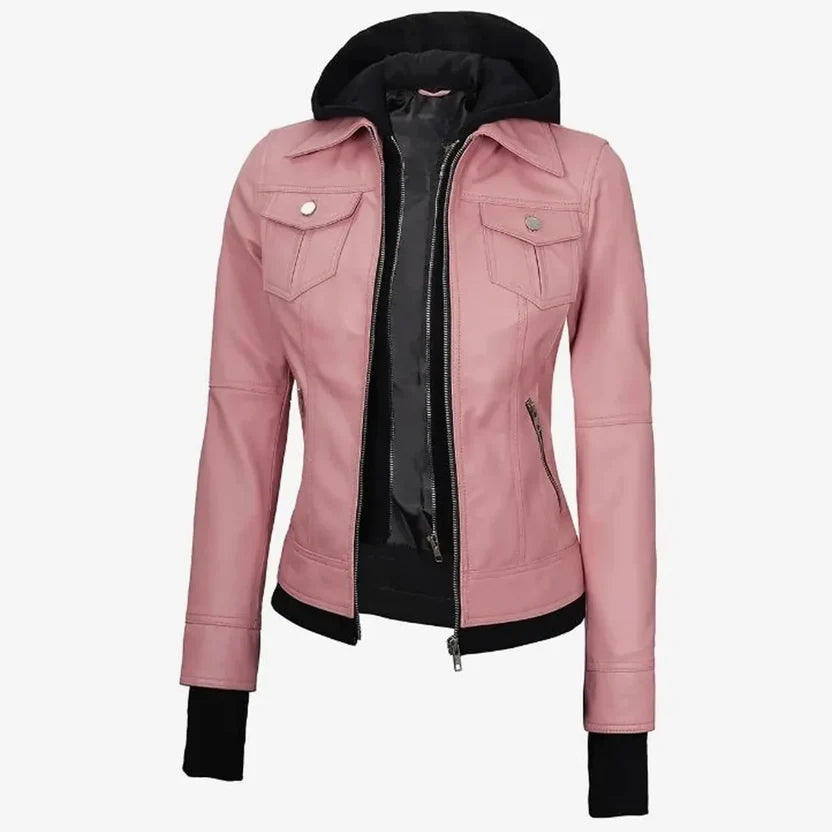 Women's Dusty Pink Hooded Leather Jacket
