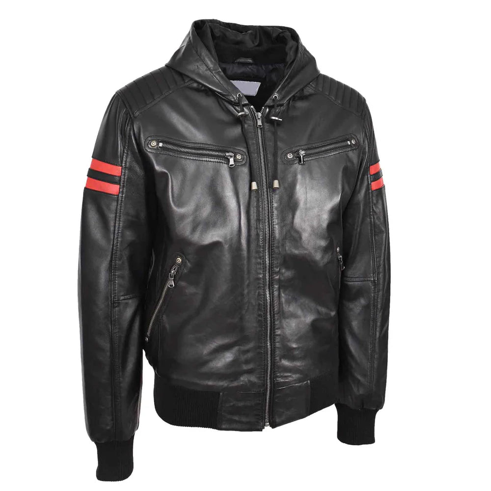 Leather Men's Genuine Lambskin Leather Hooded Bomber Jacket