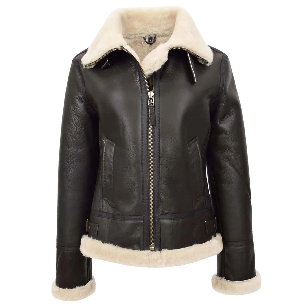 Women’s Sheepskin B3 Jacket Brown White Removable Hood