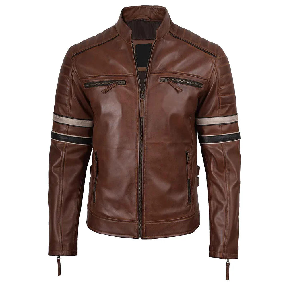 Biker Men's Cognac Brown Leather Racer Jacket