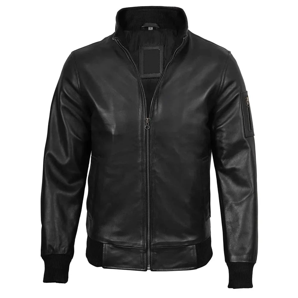 Men's Black Real Cowhide Leather Bomber Jacket