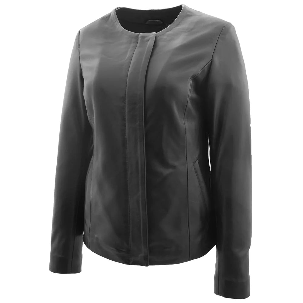 Lambskin Stylish Women's Collarless Round Neck Leather Jacket