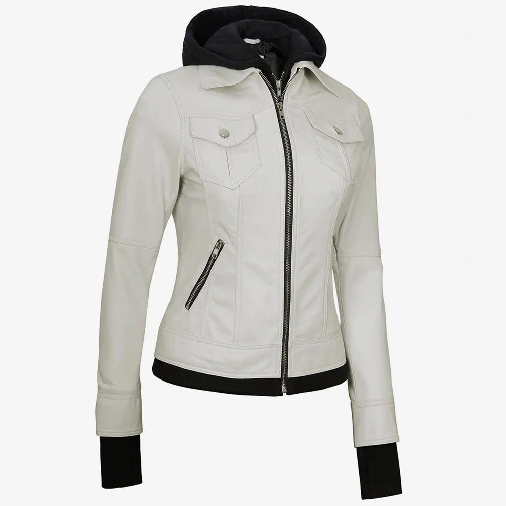 Lambskin Leather Biker Jacket Removable Hood Thumbhole
