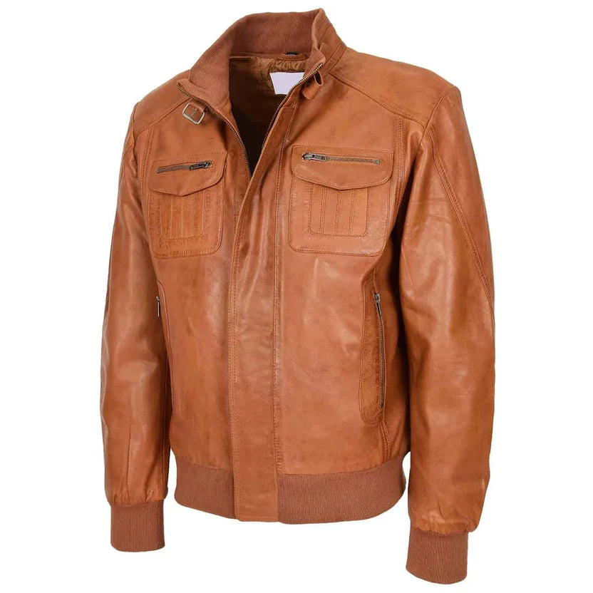 Men's Tan Leather Flight Bomber Jacket