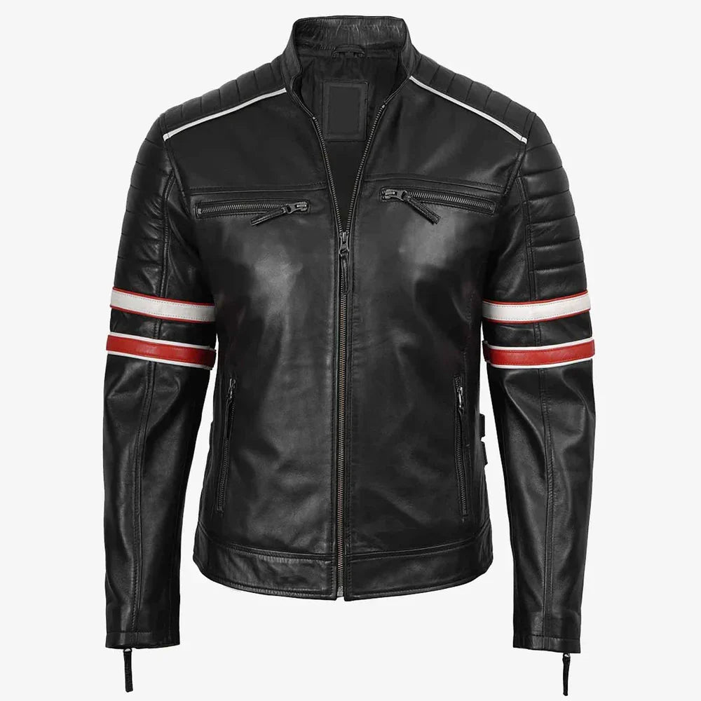 Men's Black Leather Athletic Racer Jacket
