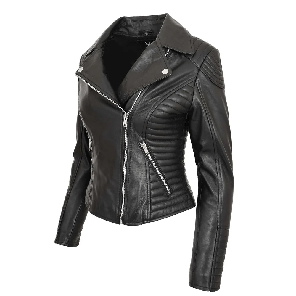Women’s Real Leather Cross Zip Jacket