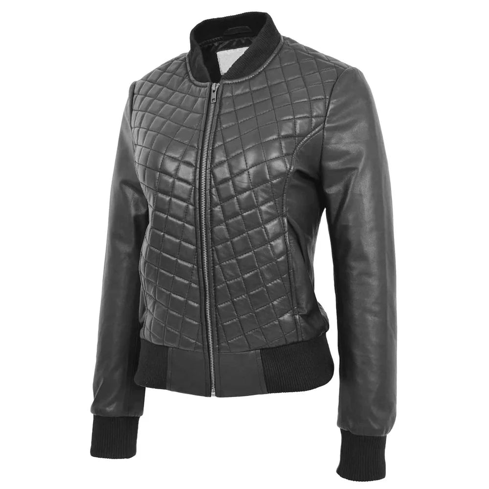 Women's Genuine Leather Quilted Bomber Jacket