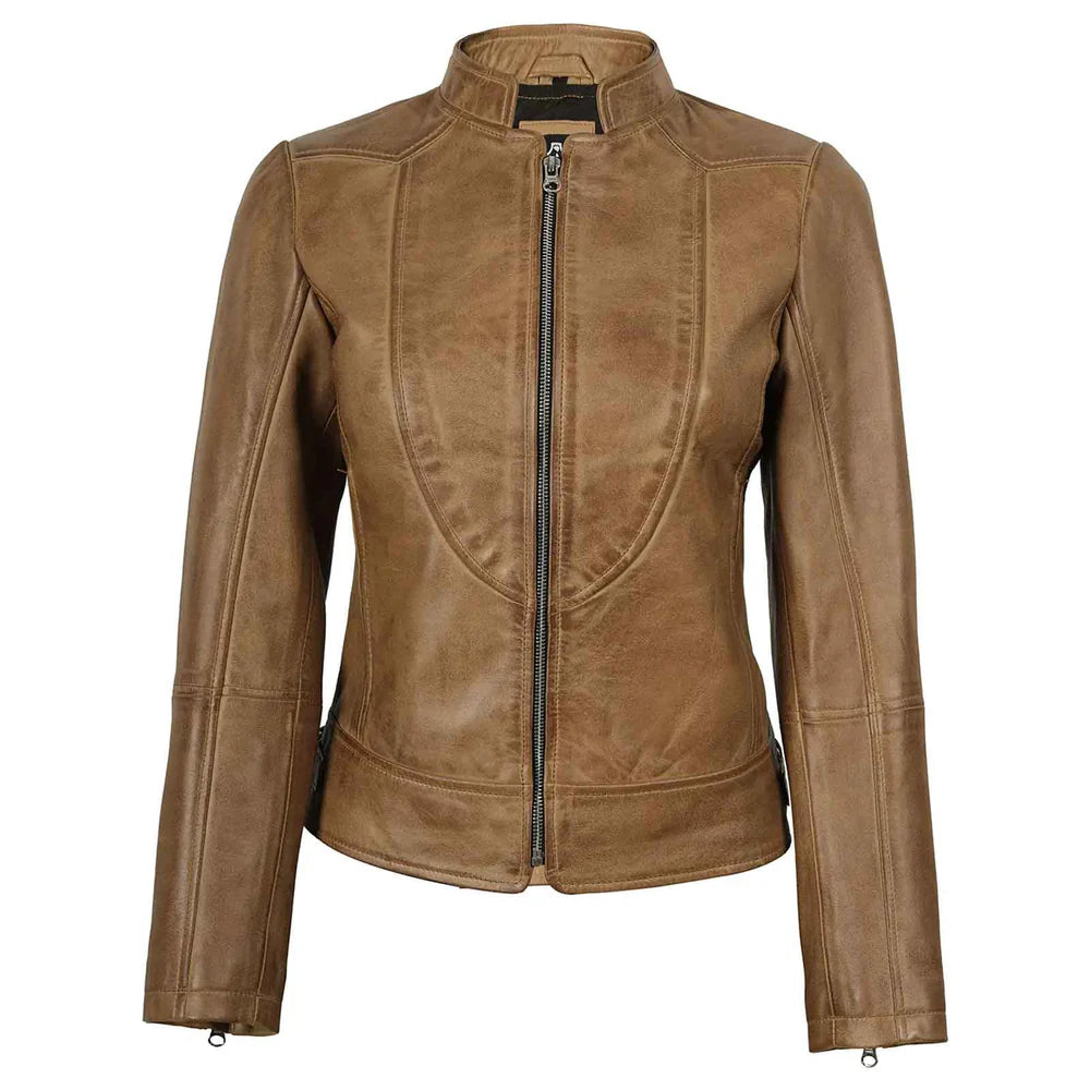 Women’s Camel Brown Leather Biker Jacket