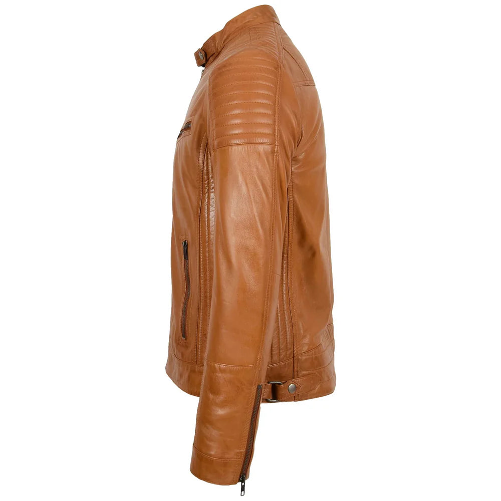 Men's Leather Cafe Racer Biker Jacket Ron Tan
