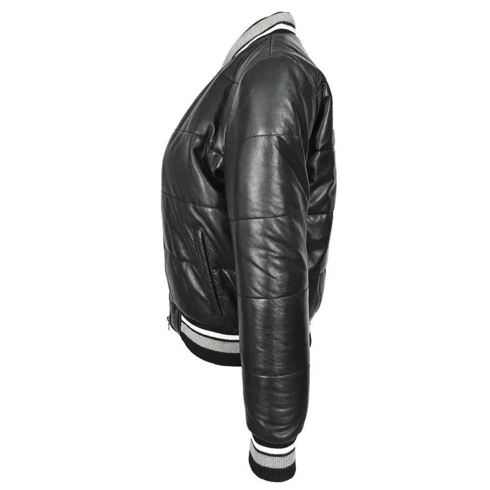Premium Durability Women's Real Leather Puffer Bomber Jacket