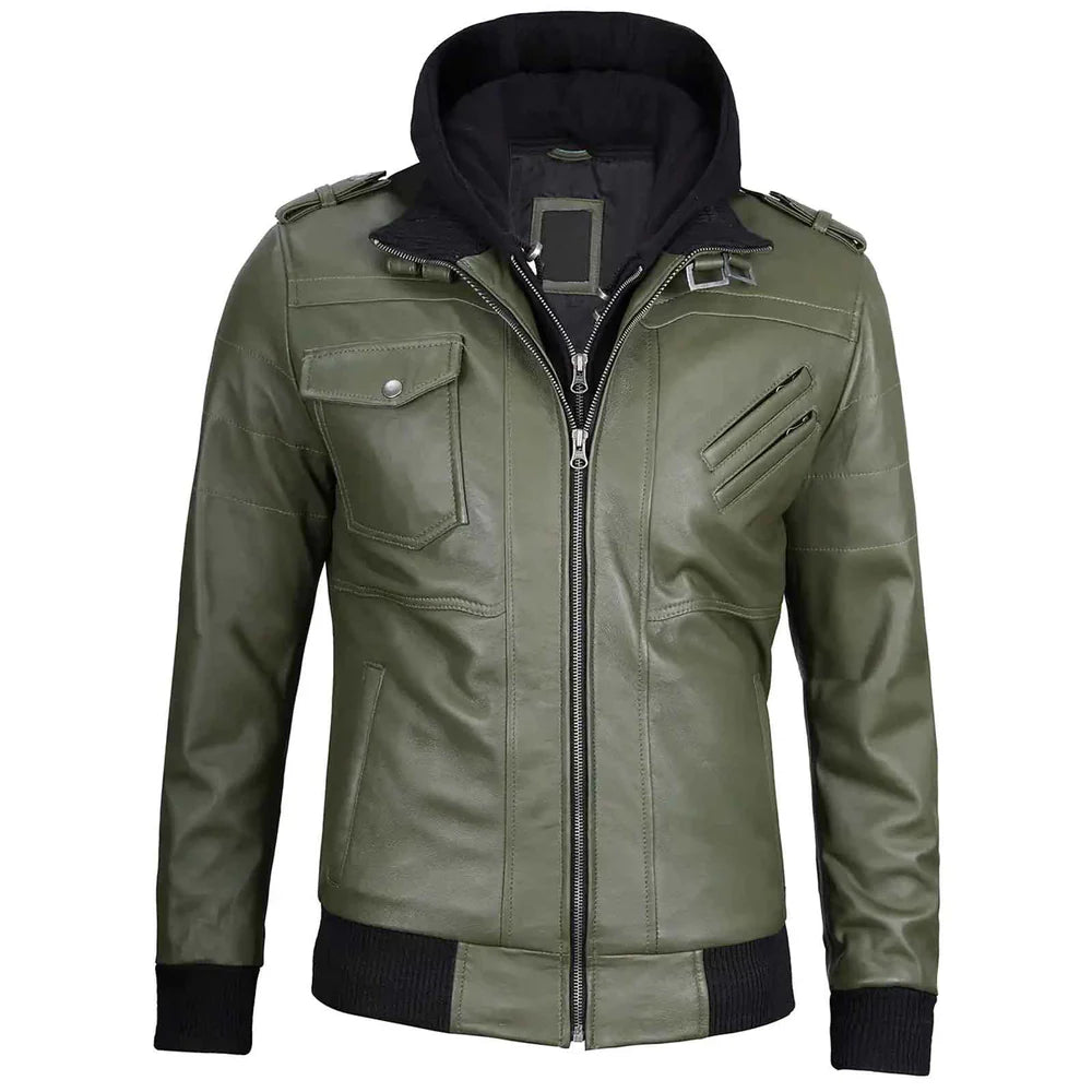Men's Military Green Leather Jacket with Removable Hood