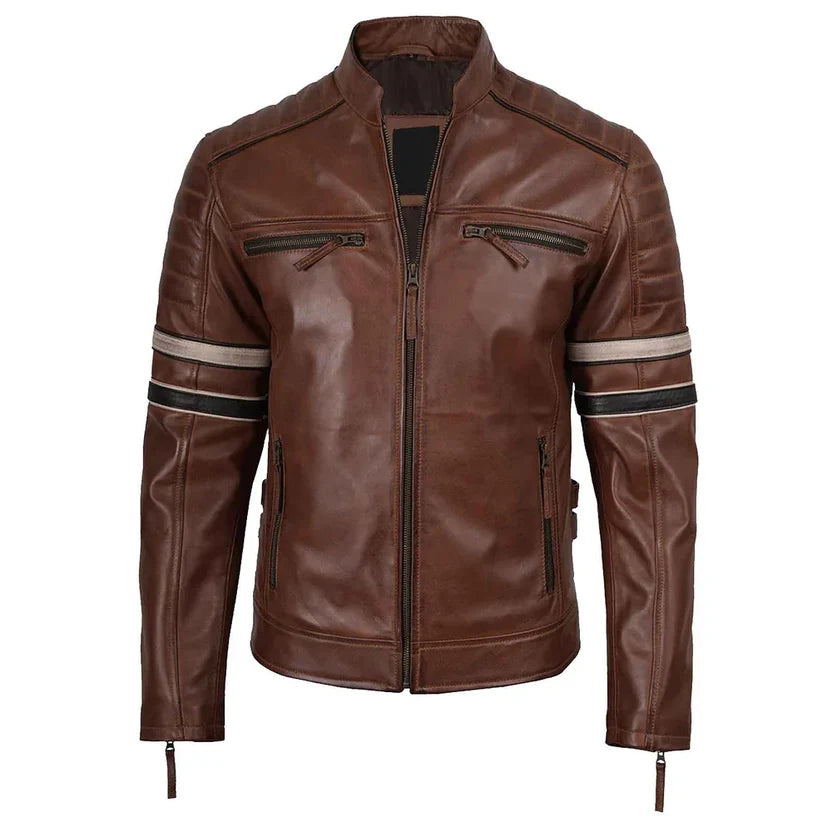 brown leather café racer jacket