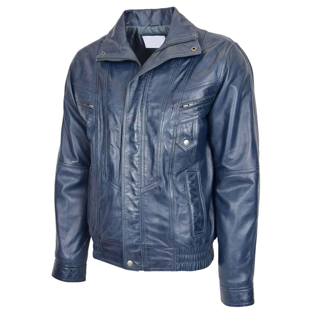 Men’s Leather Bomber Blouson Jacket – Robert Blue