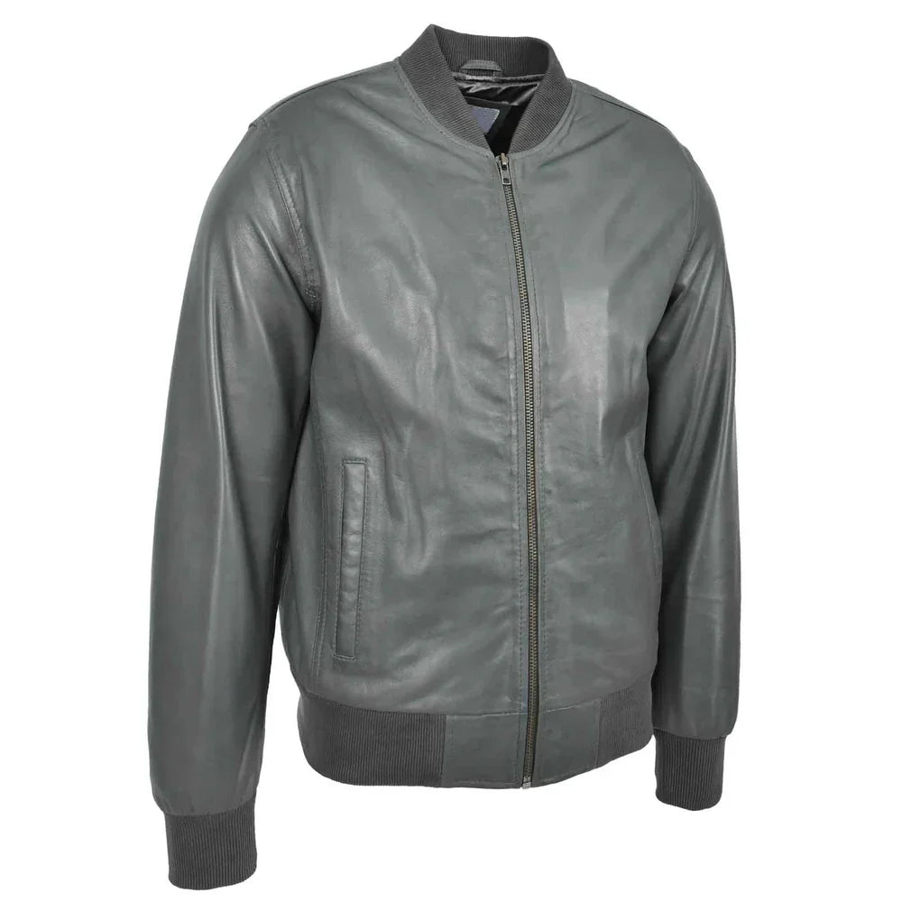 Men's Grey Leather Bomber Jacket