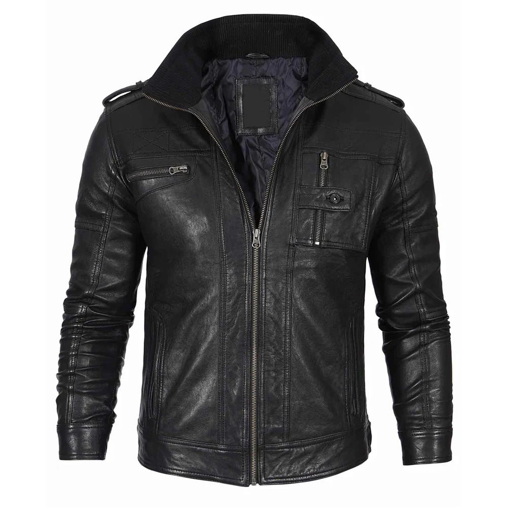 Men's Black Waxed Cafe Racer Style Lambskin Leather Jacket