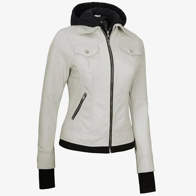 Women's Off White Hooded Leather Jacket