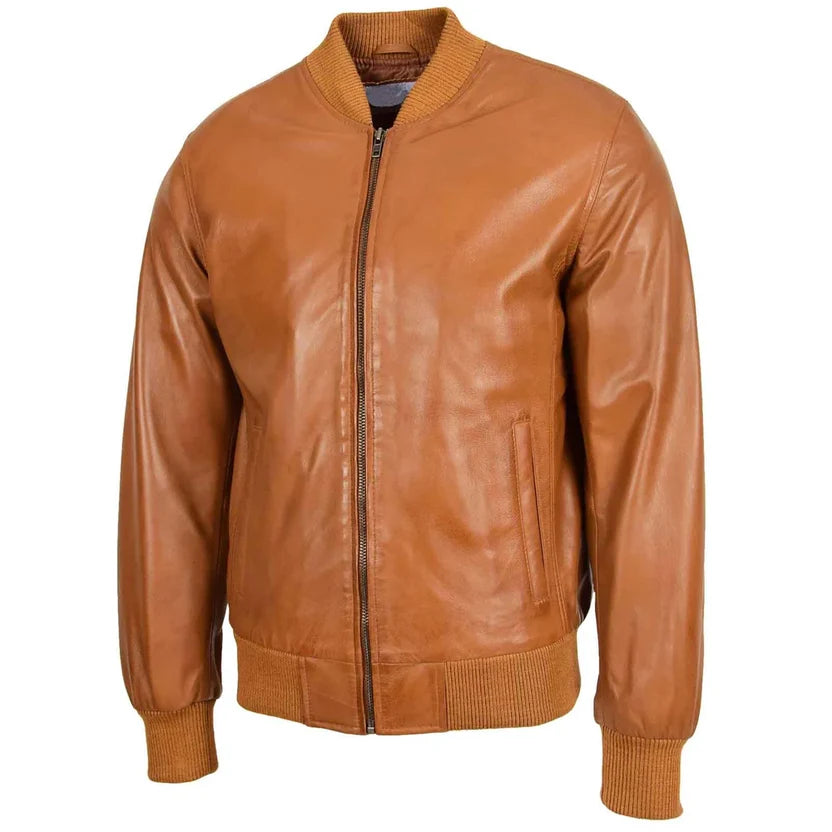 Men's Tan Genuine Leather Classic Bomber Jacket