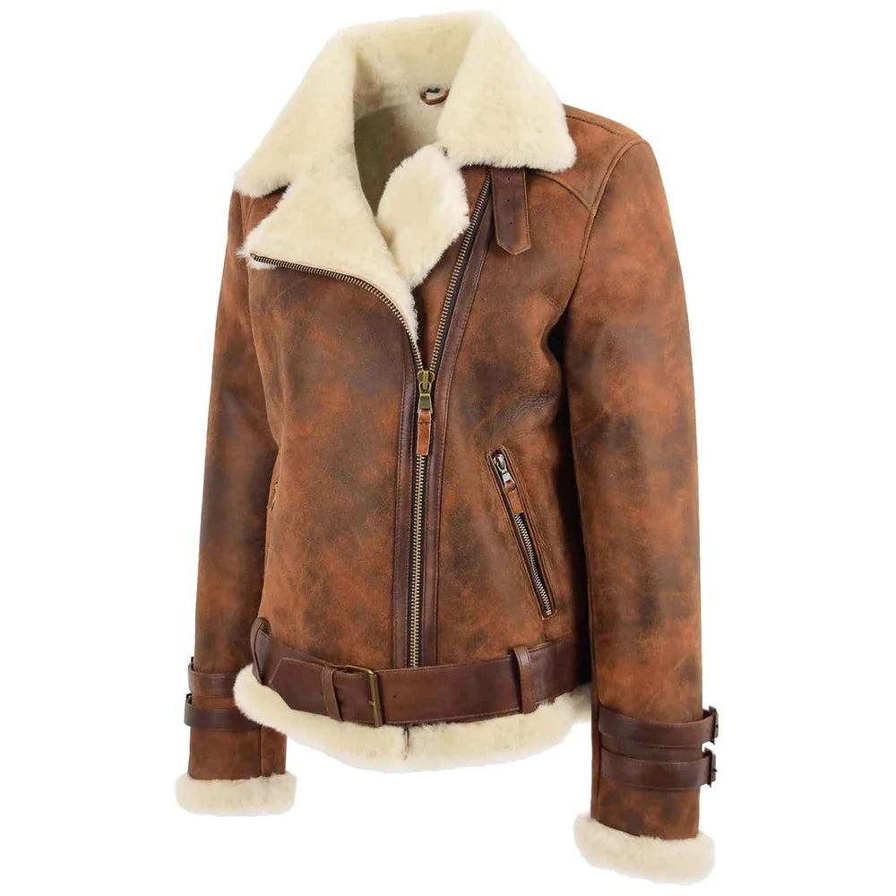 Women's Vintage Brown Sheepskin Aviator Jacket
