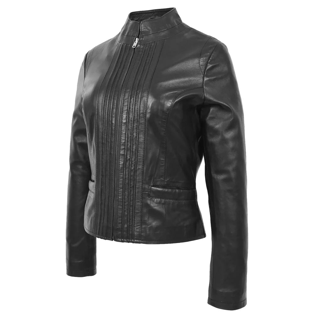 Women’s Black Leather Casual Jacket with Standing Collar