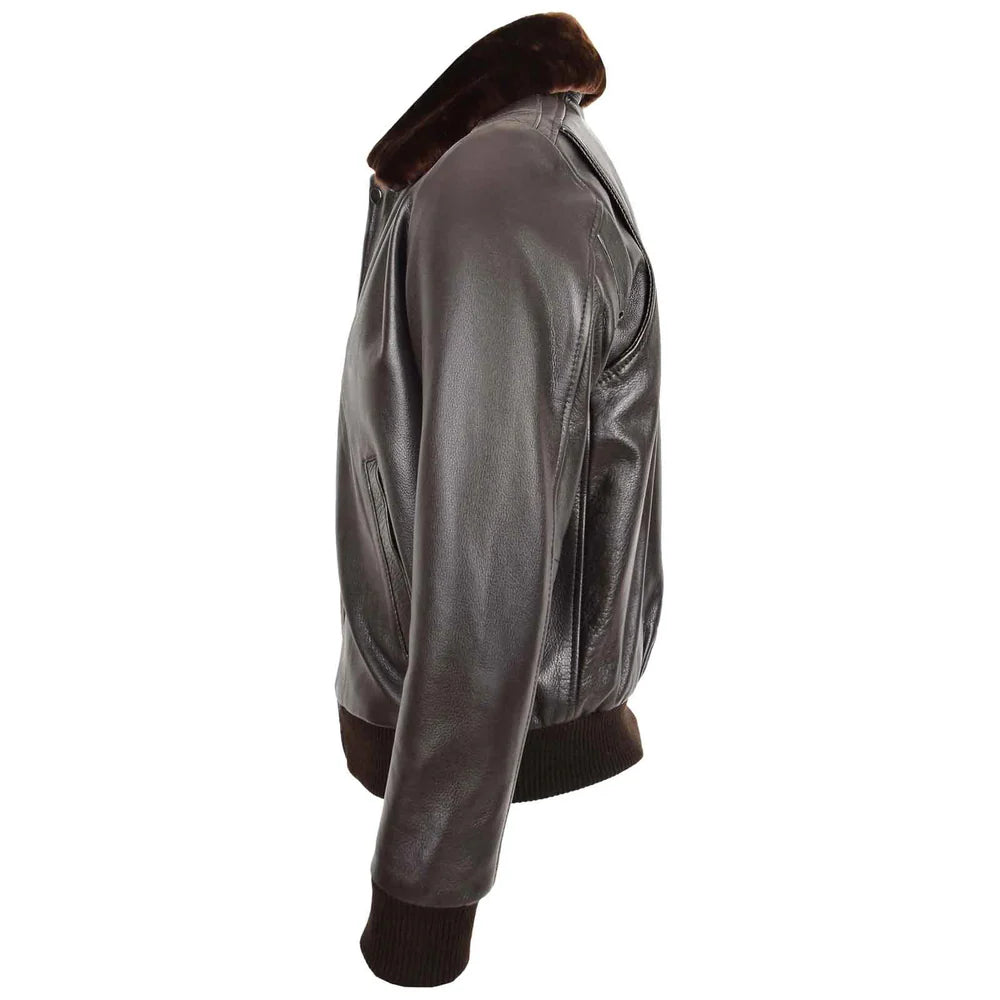 Men’s Leather Bomber Pilot Jacket with Removable Collar