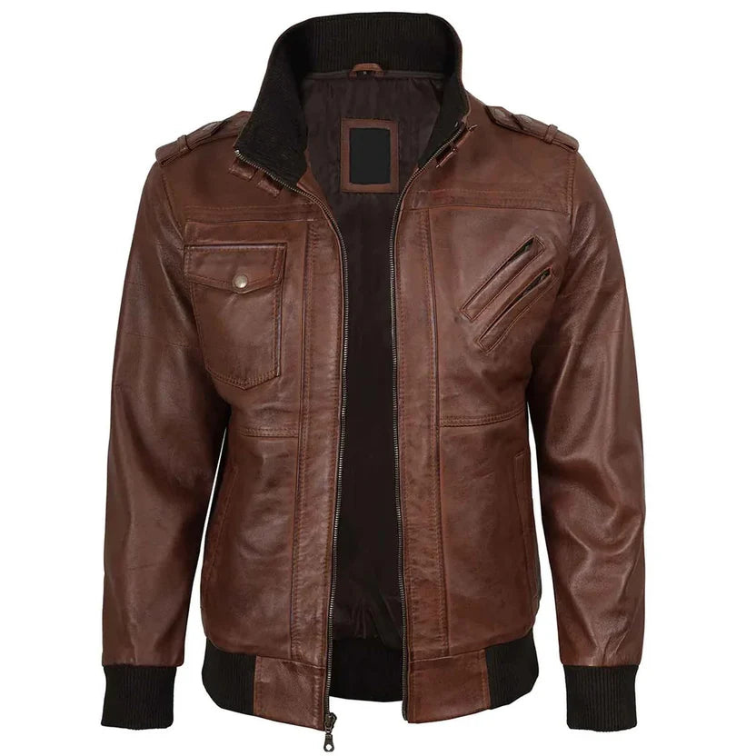 Men's Brown Leather Hooded Jacket