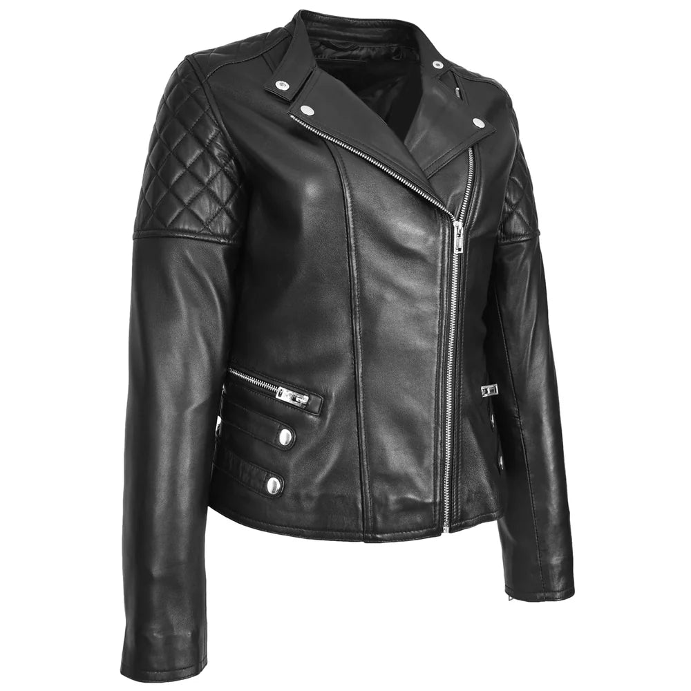 Women's Real Leather Biker Jacket Classic Cross Zip Style