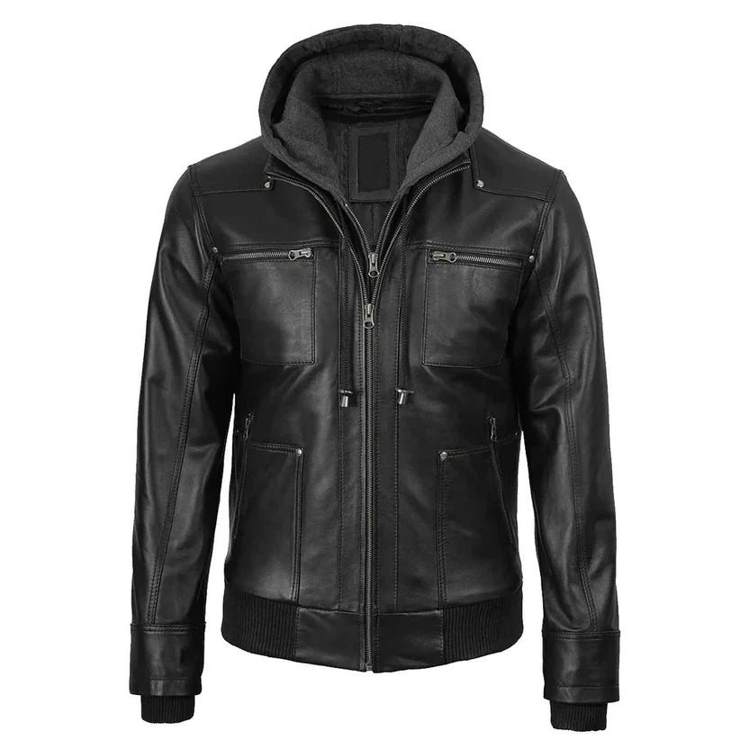 Men's Black Leather Hooded Bomber Jacket