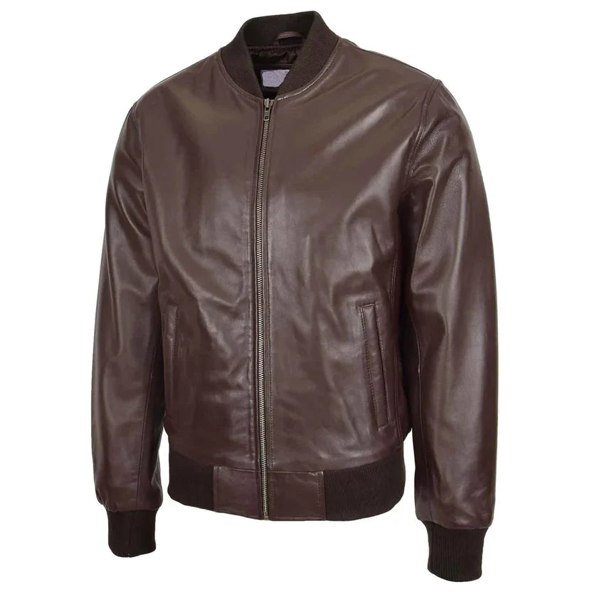dark brown leather bomber jacket