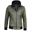 Men's Military Green Leather Jacket with Removable Hood